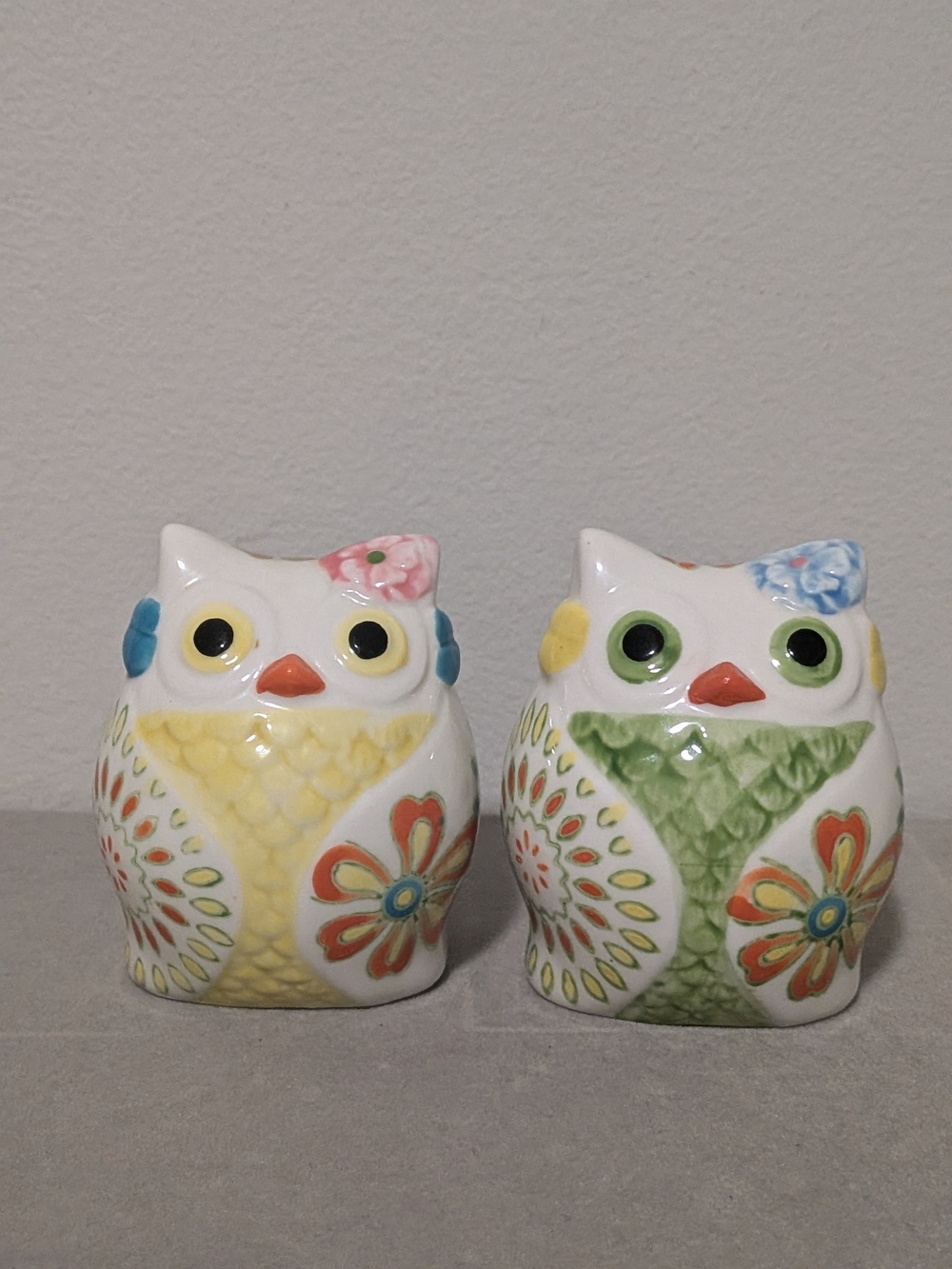 Ceramic Floral Owl Salt & Pepper Shakers — Yellow & Green